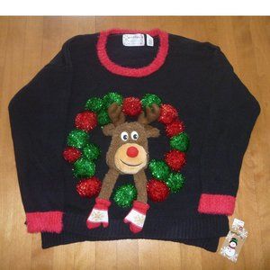Womens Ugly Christmas Sweater -REINDEER & Wreath Size Large 12/14  NWT